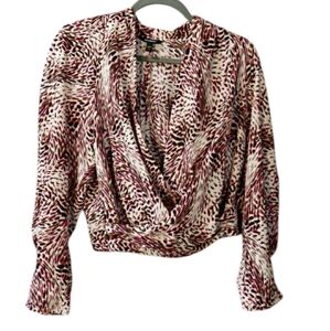 Express Pink and White Wrap Waterfall Blouse Long Sleeve Cropped Medium